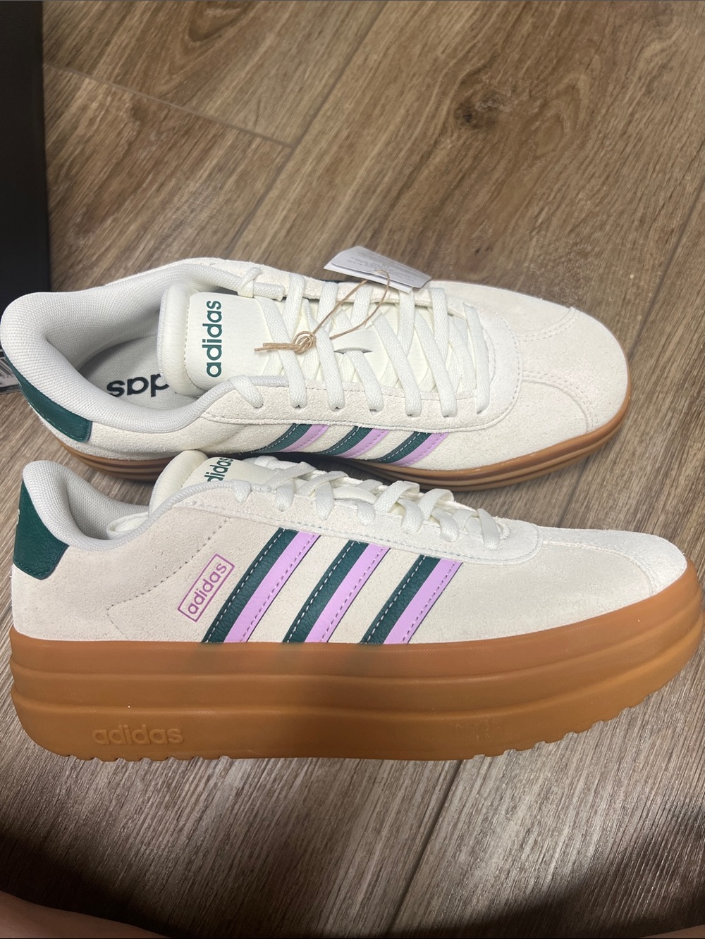 adidas Women’s Cream Platform Sneakers with Pink & Green Stripes and Gum Sole